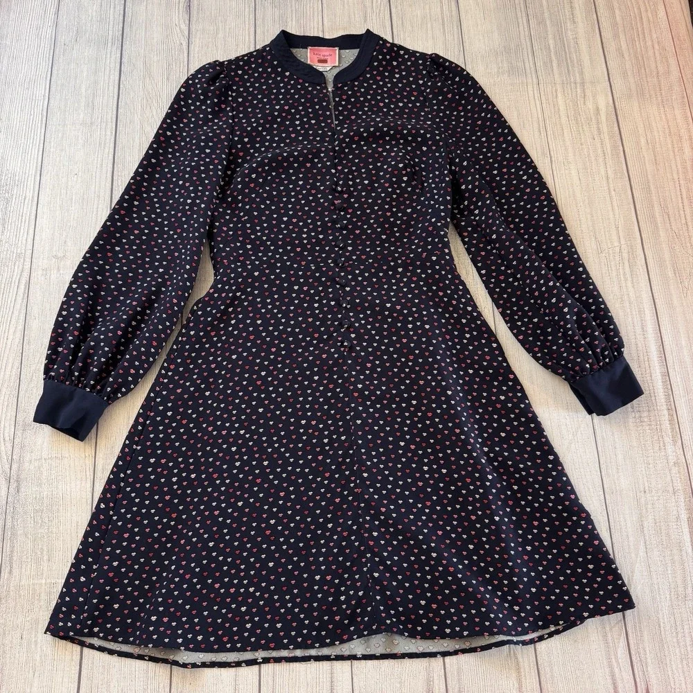 Kate Spade New York Navy Blue Lips Print Crepe Swing Dress Long Sleeve Size 6